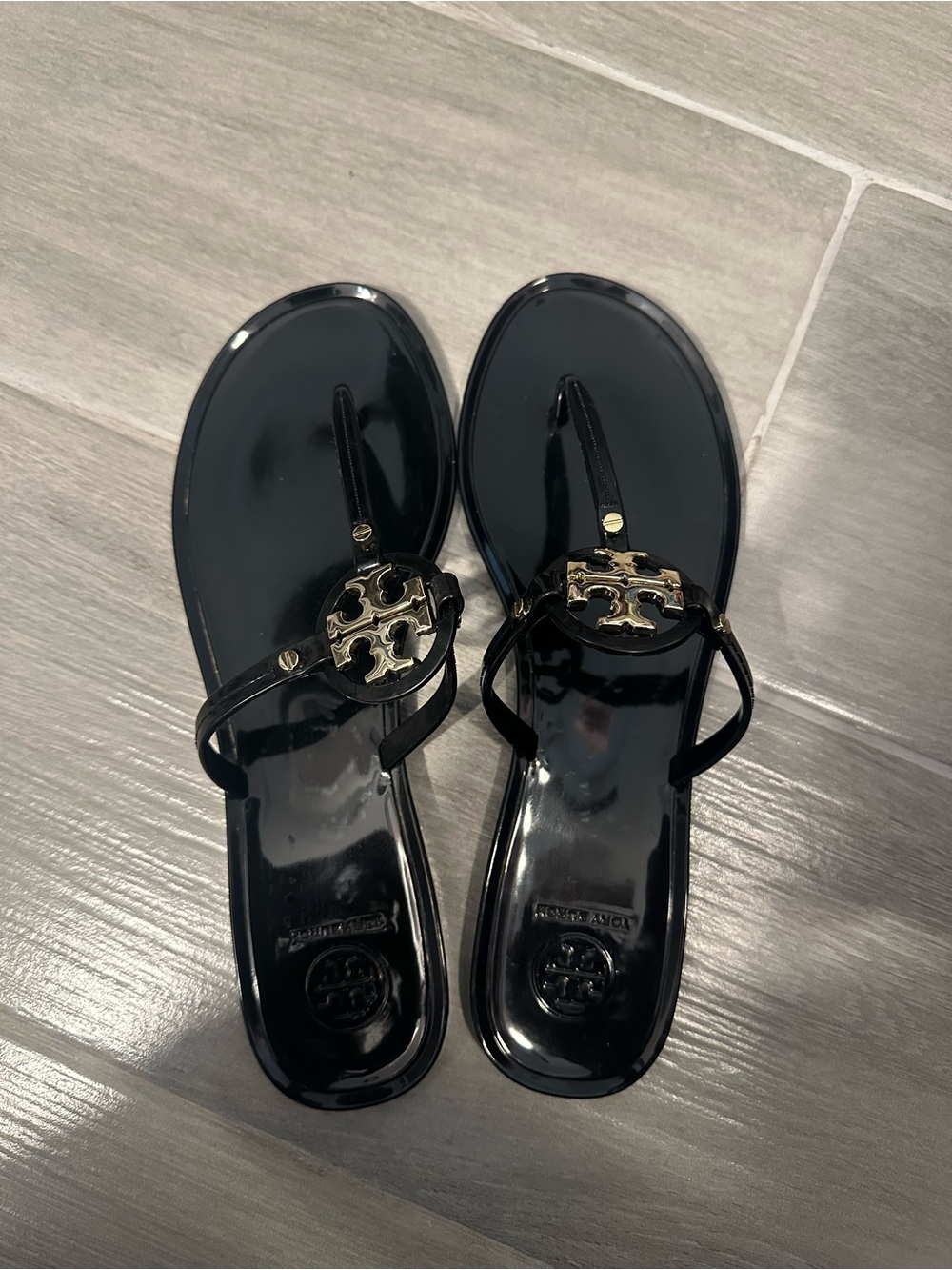 Tory Burch Mini Miller Black Jelly Logo Thong Sandals with Gold Medallion